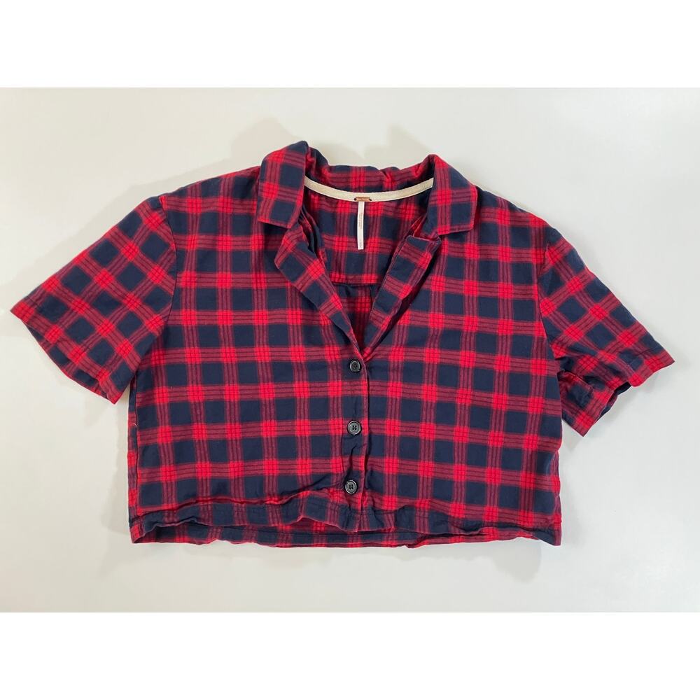 Free People Women’s S Red Navy Plaid Flannel Shirt 100% Cotton Button Up